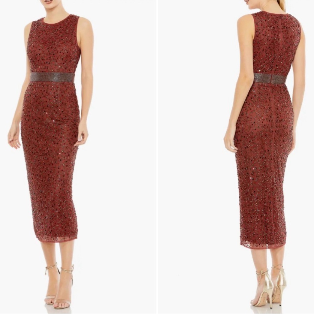 MAC DUGGAL 93758 GEOMETRIC EMBELLISHED SEQUIN SLEEVELESS BROWN RED MIDI DRESS 2